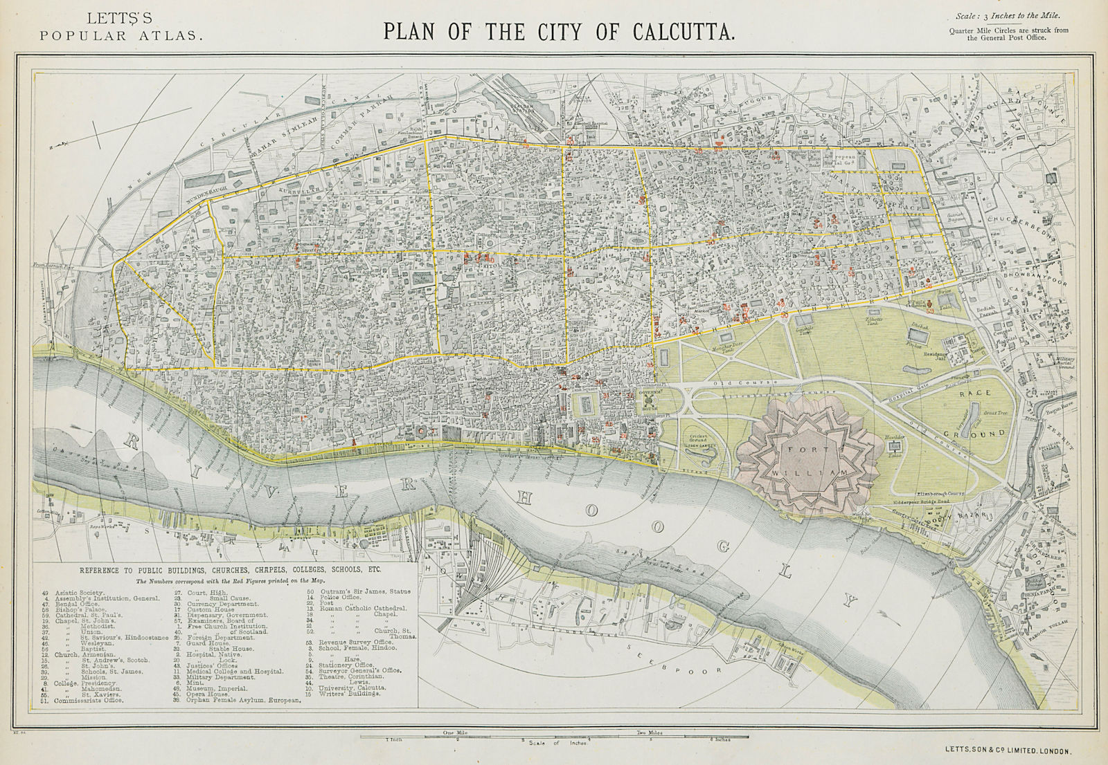 CALCUTTA KOLKATA antique town city map plan. Public buildings. LETTS 1884