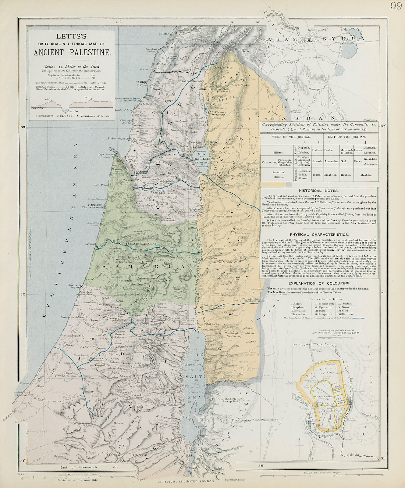 ANCIENT PALESTINE Samaria Galilee Pera Judaea. Ancient Jerusalem. LETTS 1884 map