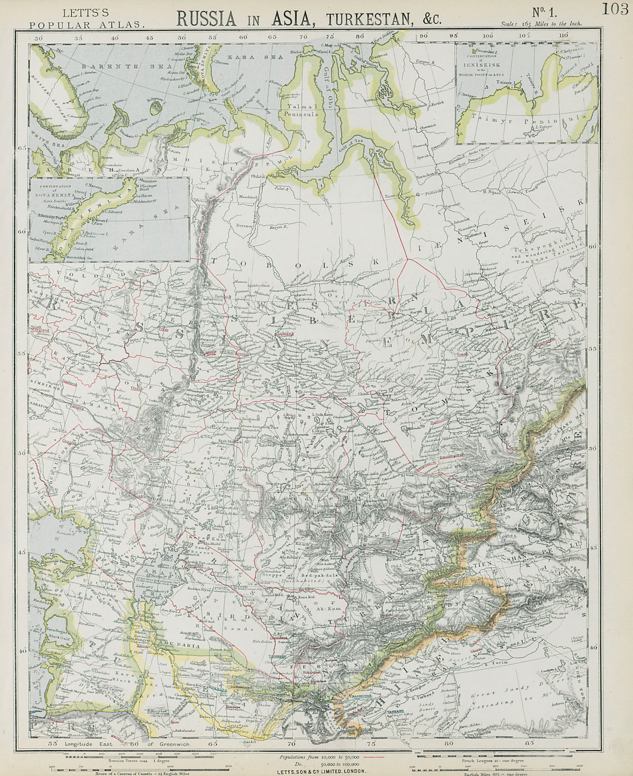 CENTRAL ASIA. Bokhara Russian Turkestan Tomsk Great Horde Turgan. LETTS 1884 map
