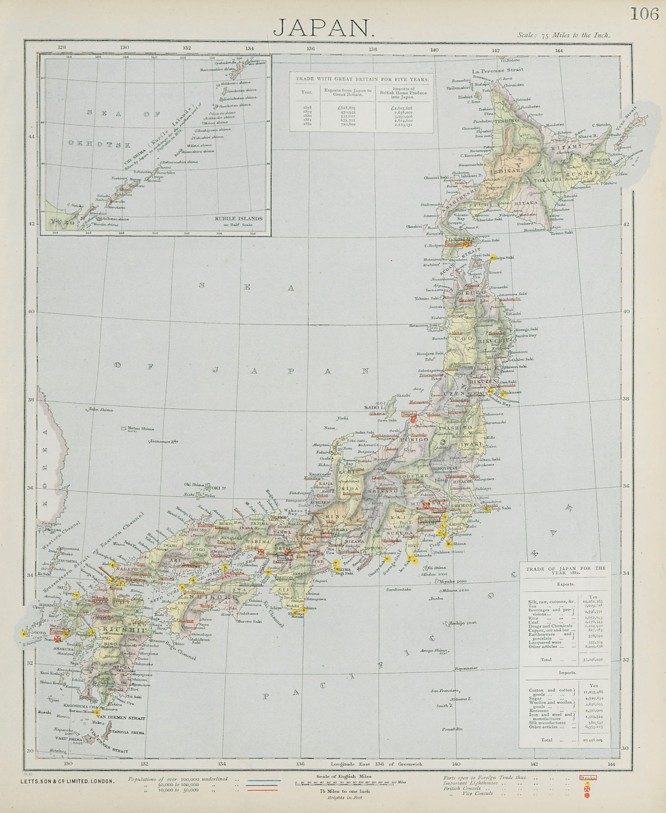 Associate Product JAPAN. Lighthouses & British Consuls. Silk & tea exports. LETTS 1884 old map
