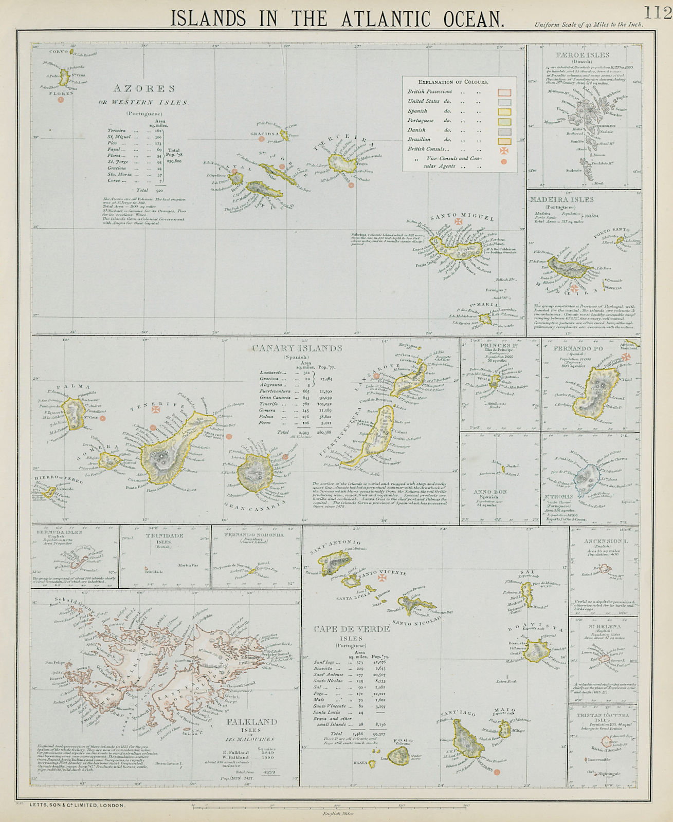 ATLANTIC ISLANDS. Azores Madeira Canary Cape Verde Falklands. LETTS 1884 map