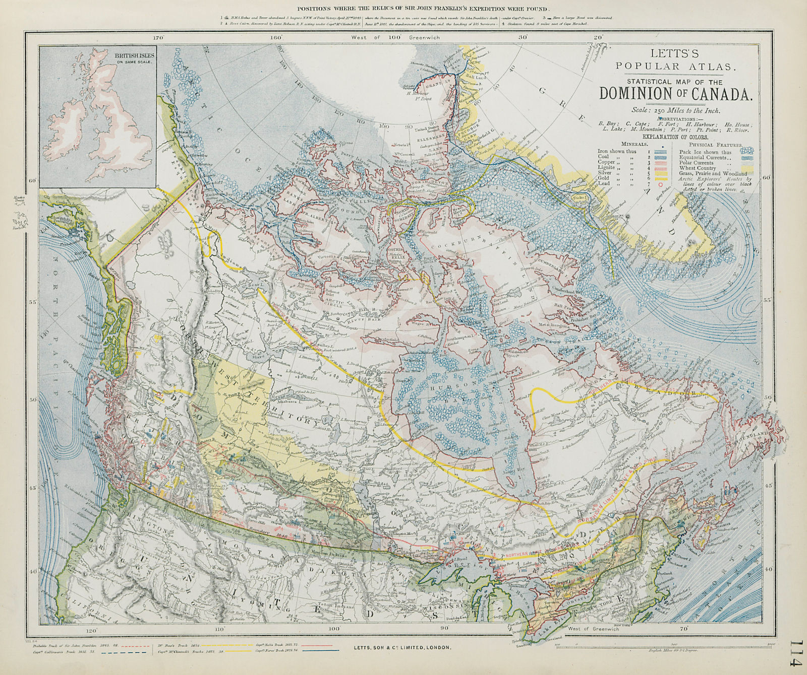 Associate Product CANADA Canadian Pacific Railway Arctic explorers' routes Minerals LETTS 1884 map