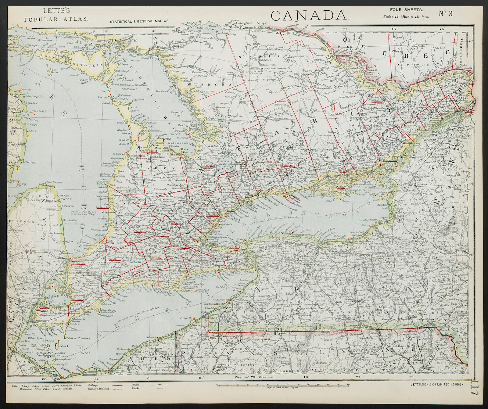 GREAT LAKES. Lake Huron, Erie & Ontario Lighthouses. Railways. LETTS 1884 map