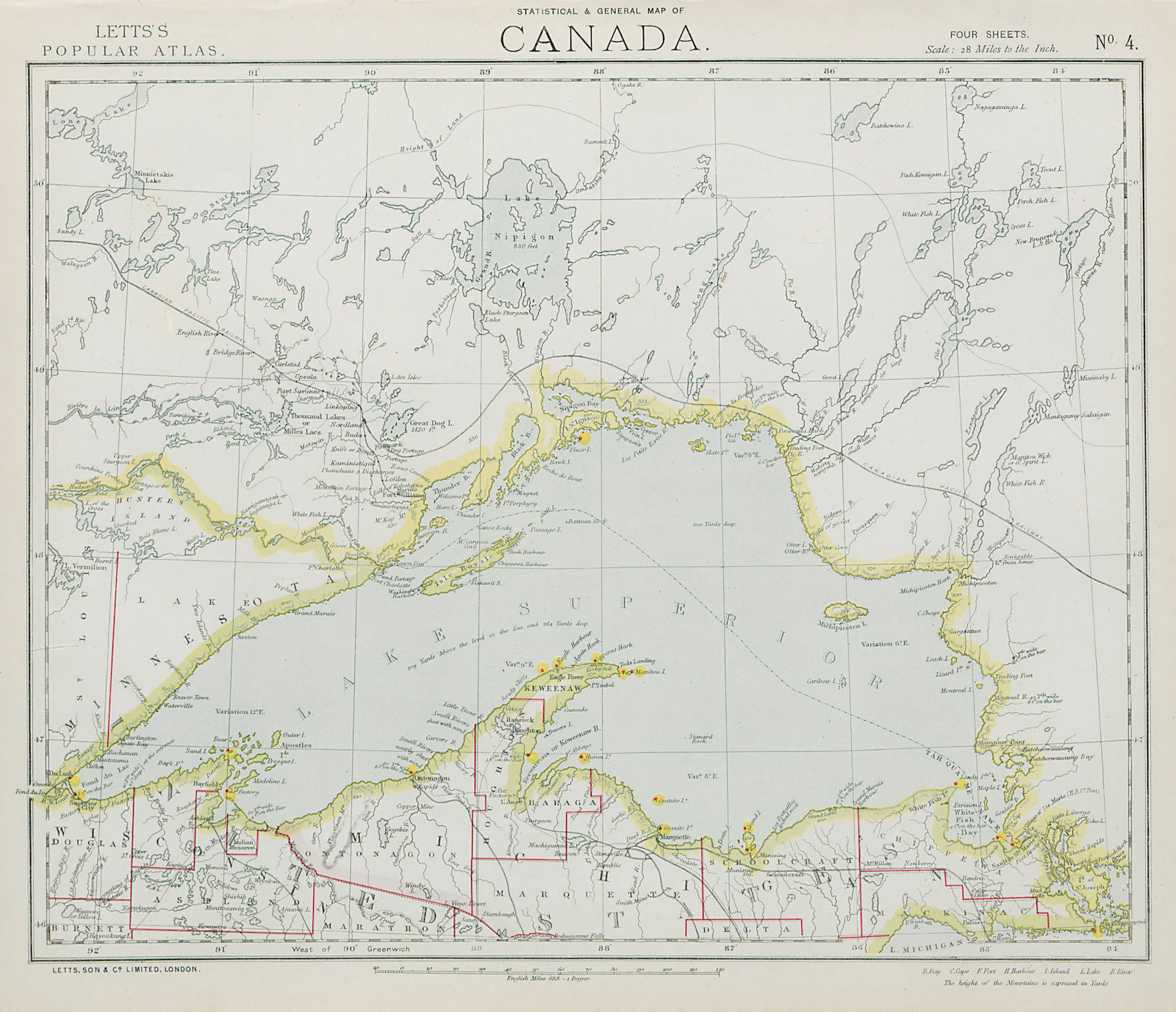 Associate Product LAKE SUPERIOR. Canada Ontario Michigan. Lighthouses & Railroads. LETTS 1884 map