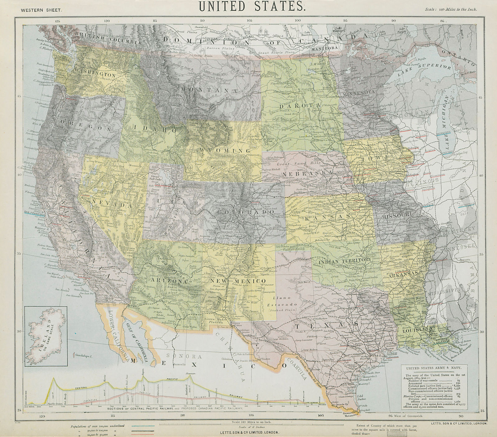 Associate Product WESTERN USA States & territories Central Pacific Railroad section LETTS 1884 map