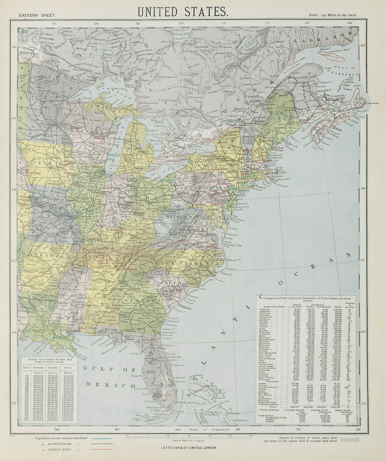 Associate Product EASTERN UNITED STATES. Railroads. Population table. LETTS 1884 old antique map