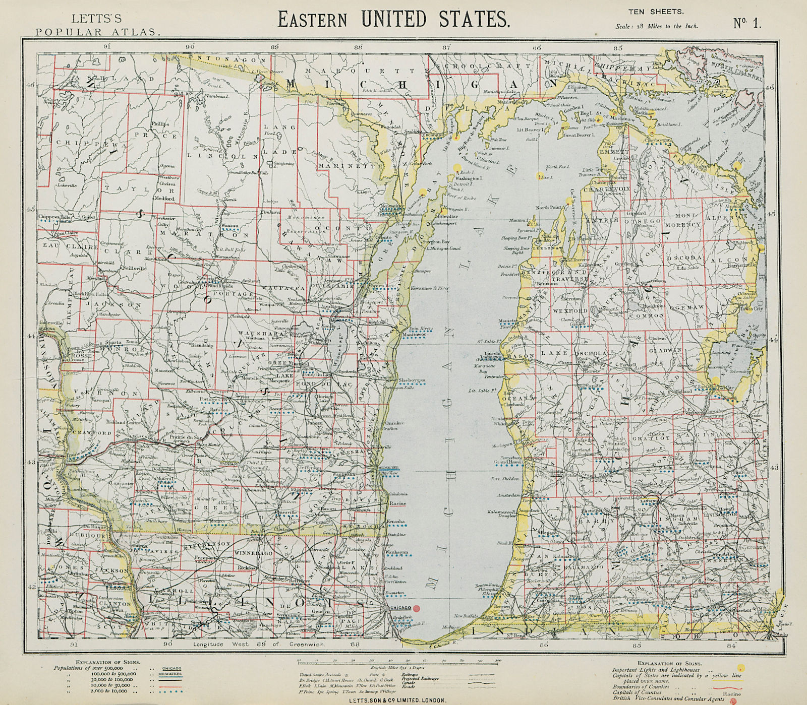 LAKE MICHIGAN. Wisconsin Michigan Chicago. Railroads Lighthouses. LETTS 1884 map