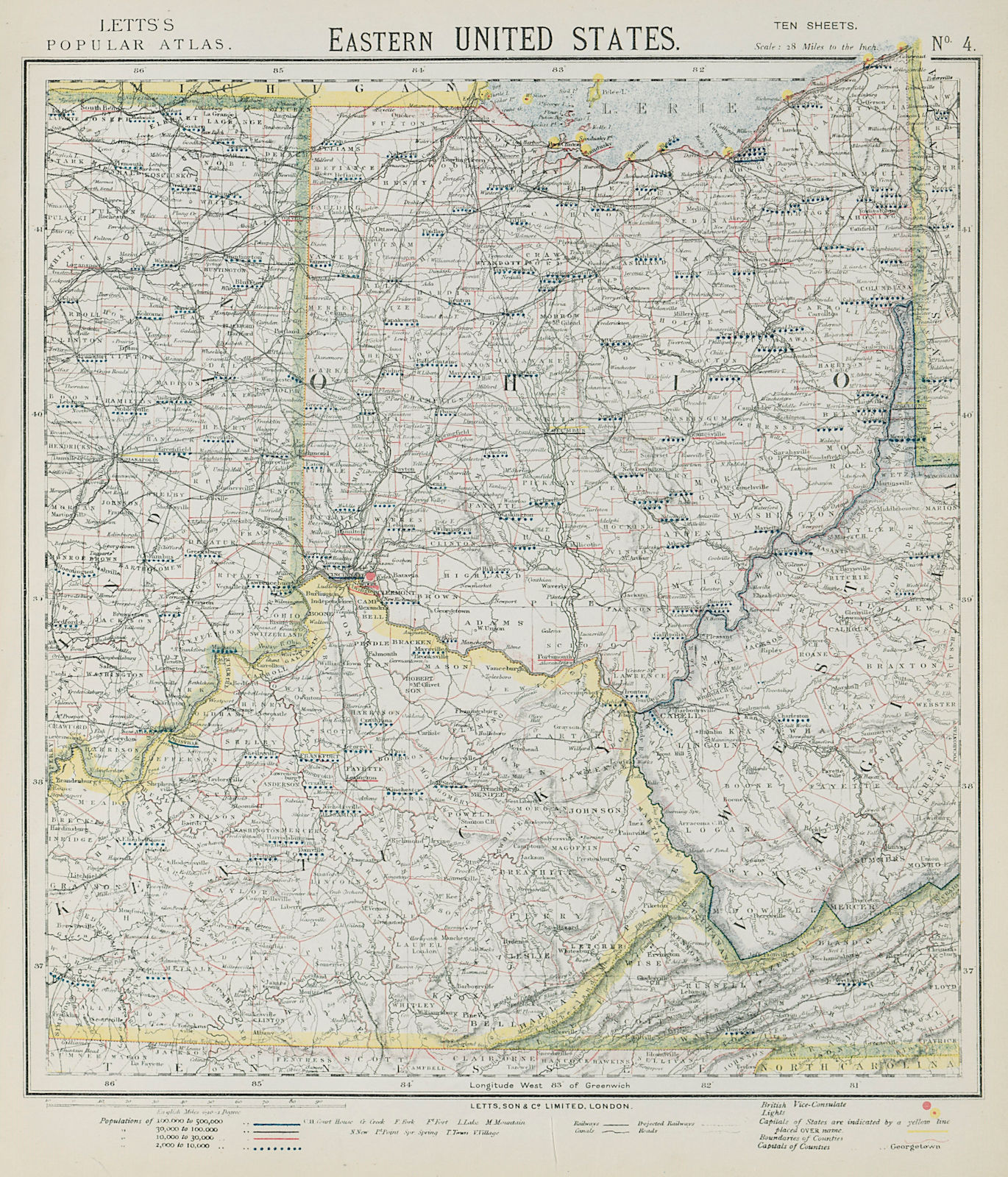 Associate Product APPALACHIA. Ohio & parts of Kentucky Virginia Indiana. Railroads. LETTS 1884 map
