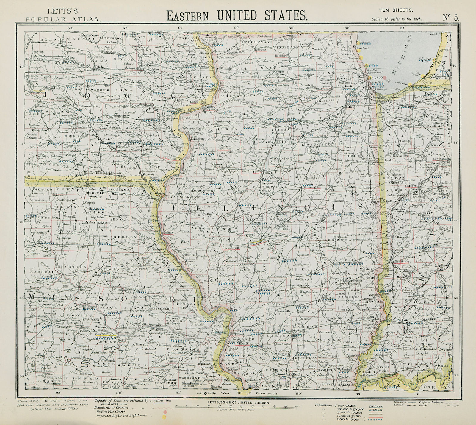 Associate Product US MIDWEST. Missouri Illinois Indiana Iowa Chicago. Railroads. LETTS 1884 map