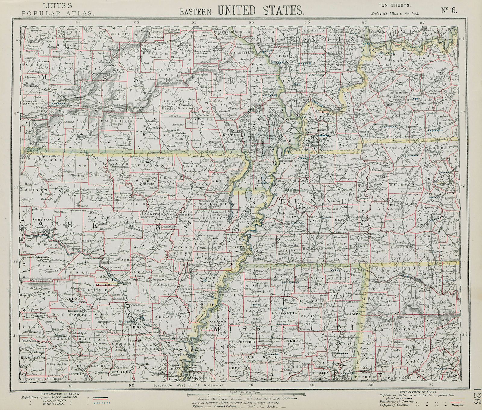 SOUTHEASTERN USA. Arkansas Tennessee Missouri MS KY AL Railroads. LETTS 1884 map