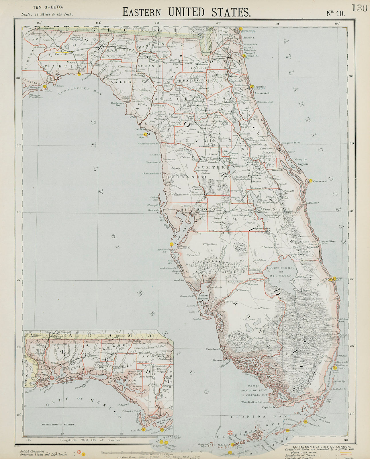 FLORIDA railroads lighthouses forts. Miami Tampa Fort Lauderdale. LETTS 1884 map