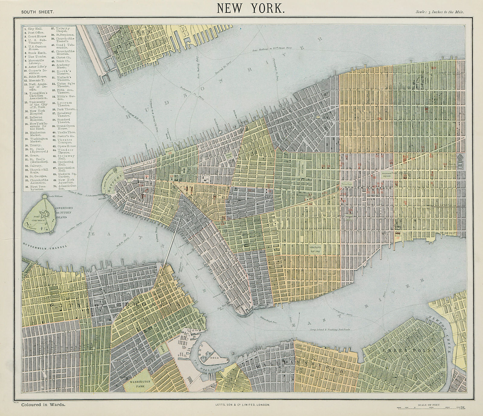 NEW YORK CITY town map plan. Midtown/Upper Manhattan Brooklyn. LETTS 1884