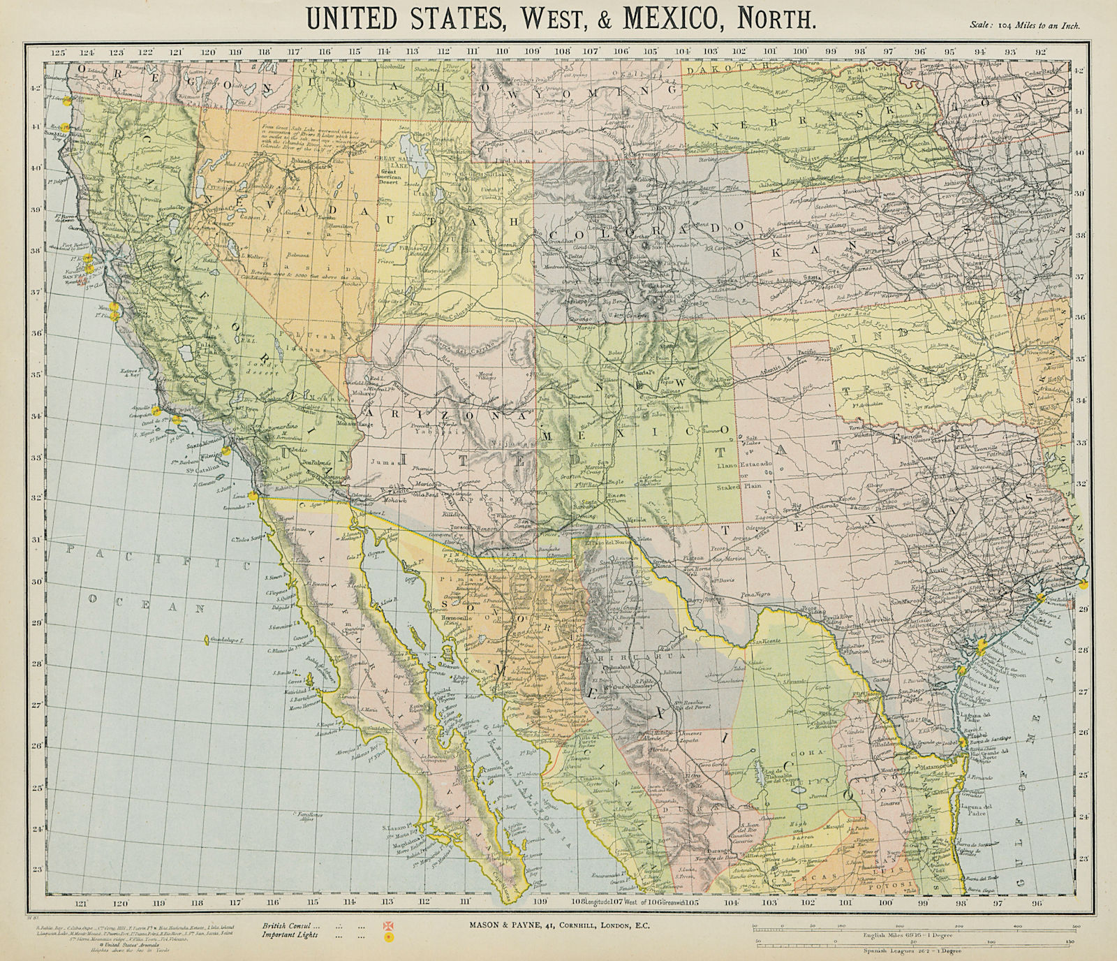 Associate Product SOUTHWESTERN USA & NORTHERN Mexico. California Texas. Railroads. LETTS 1884 map