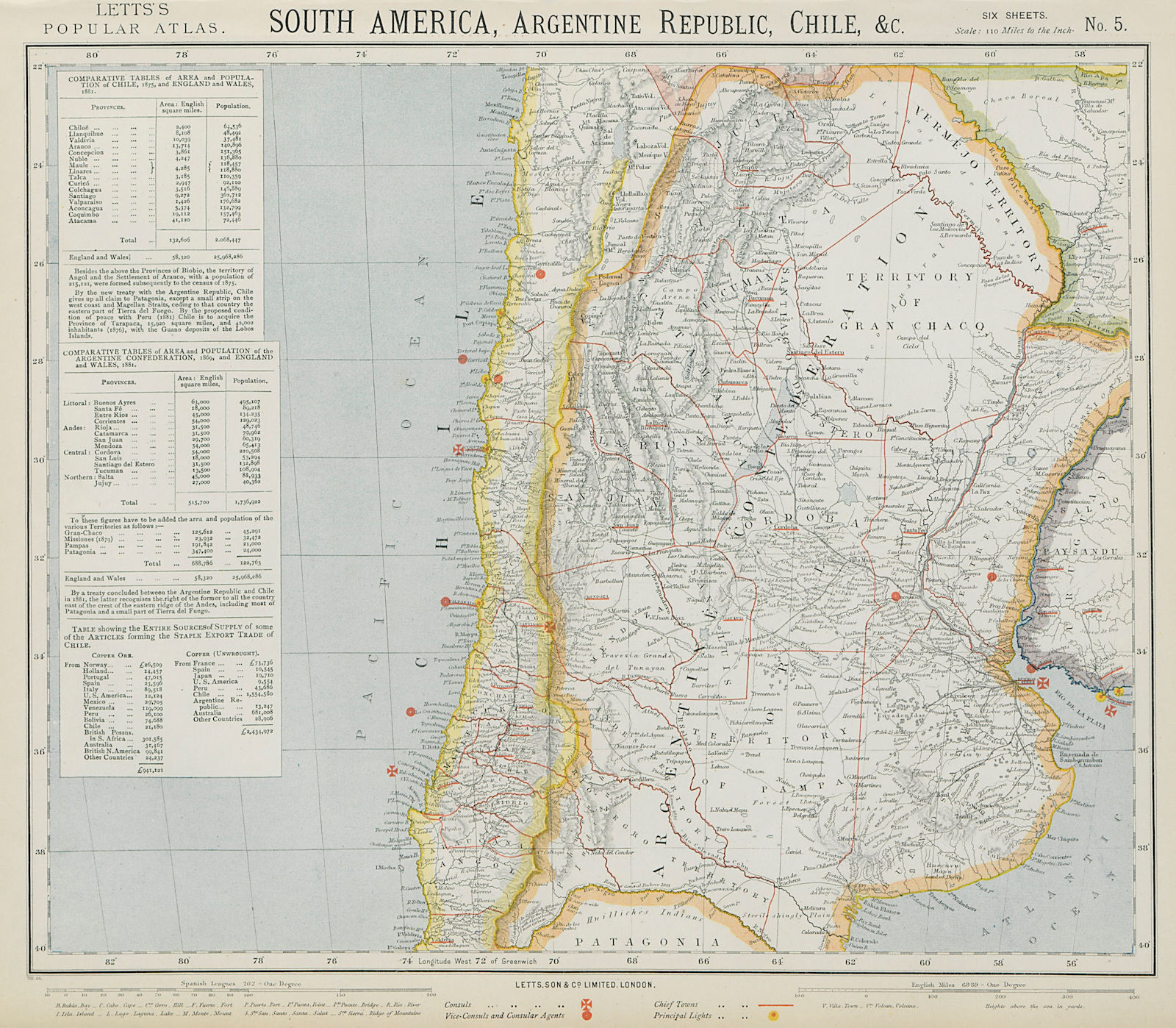 SOUTH AMERICA. Chile Argentina. Lighthouses British Consuls. LETTS 1884 map