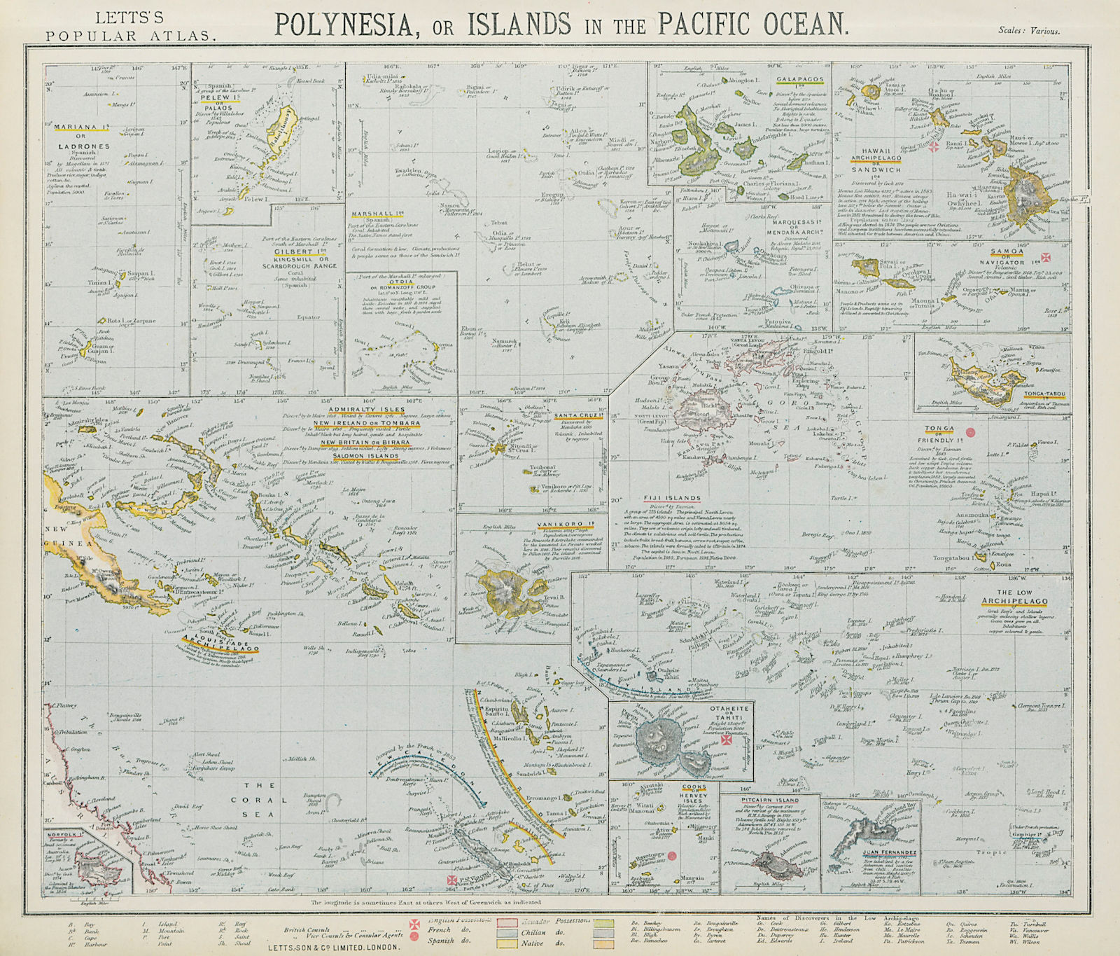 Associate Product PACIFIC ISLANDS Polynesia Hawaii Samoa Fiji Tahiti Galapagos. LETTS 1884 map