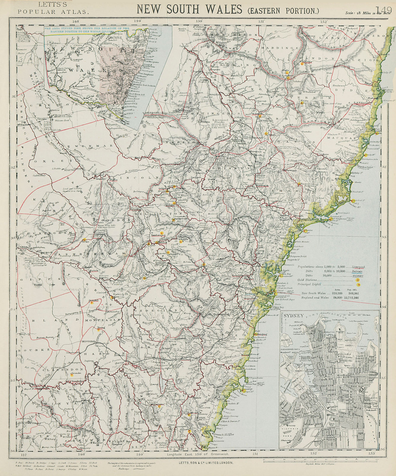 Associate Product NEW SOUTH WALES showing gold mining stations. Sydney city plan. LETTS 1884 map