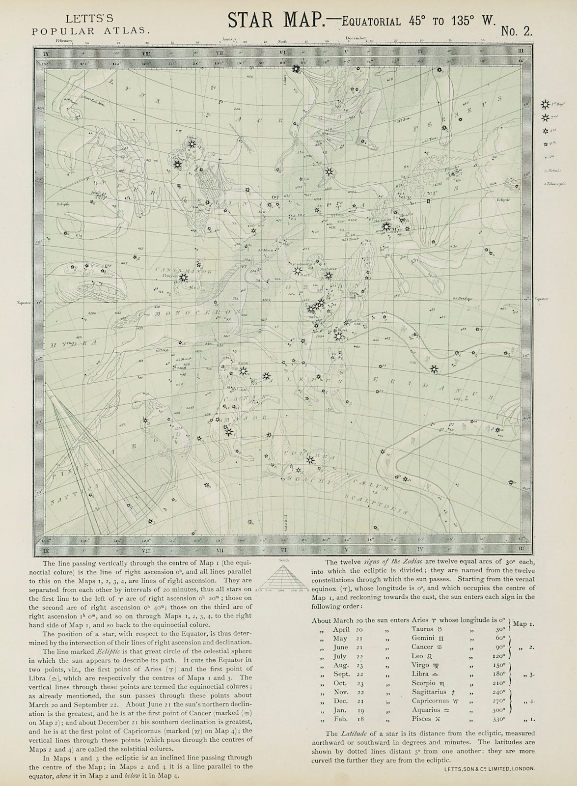 ASTRONOMY CELESTIAL Star map chart signs Summer Taurus Gemini Cancer. LETTS 1884