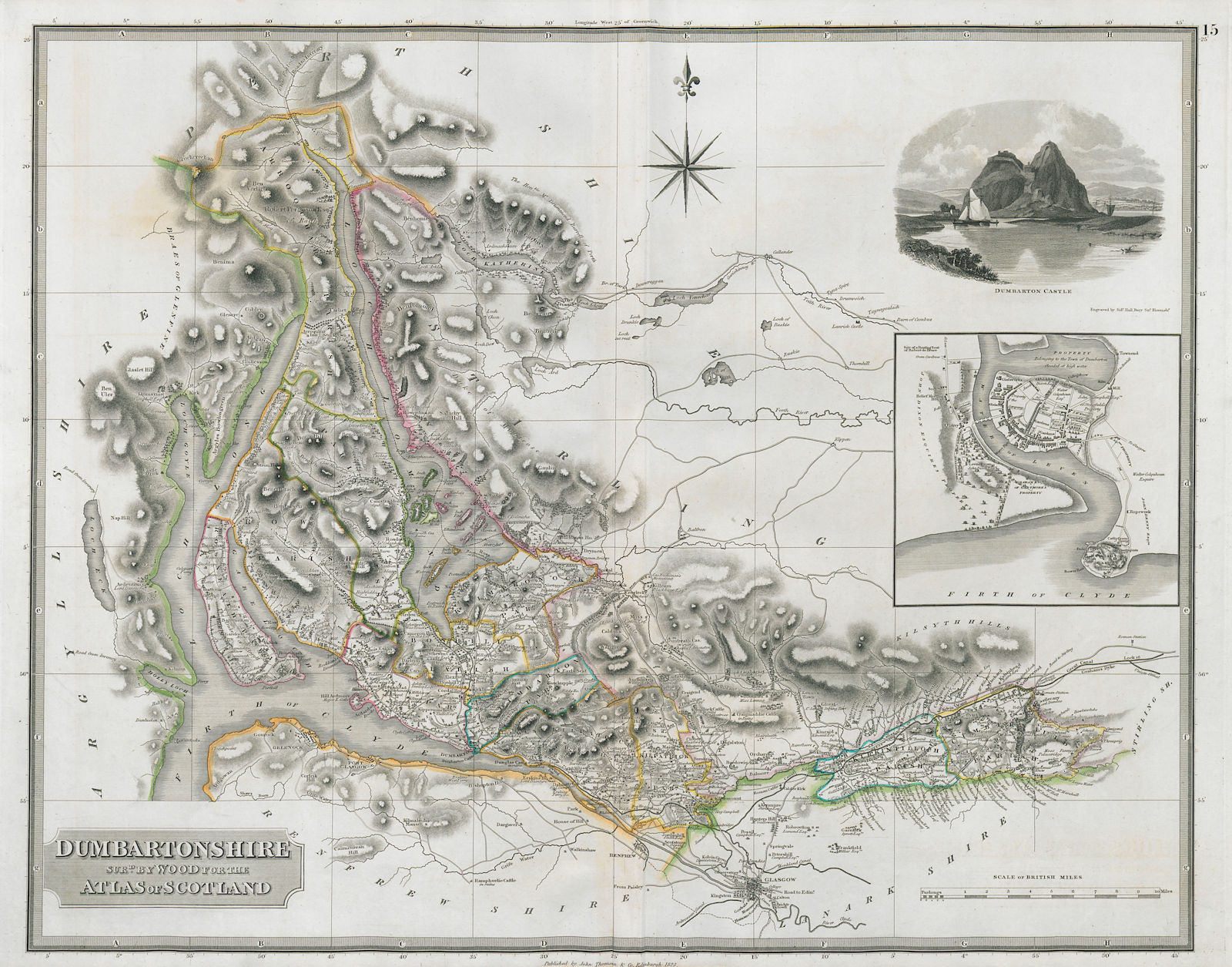 Associate Product Dunbartonshire & Dumbarton town plan. Glasgow Lomond Trossachs. THOMSON 1832 map