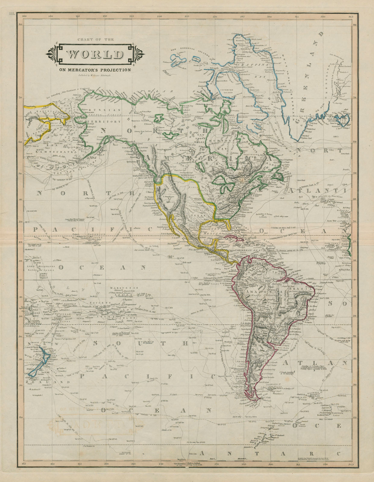 Western Hemisphere. Americas. World on Mercator's Projection. LIZARS ...
