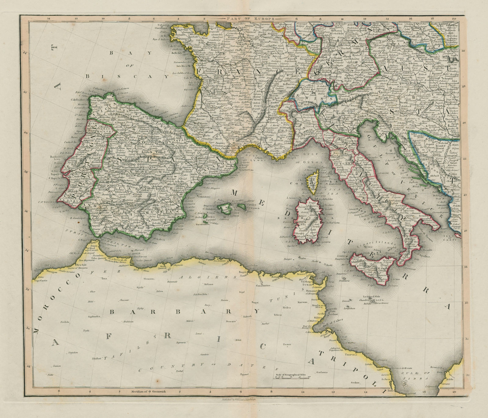 South-west Europe. Iberia France Italy Austria Mediterranean. LIZARS 1842 map