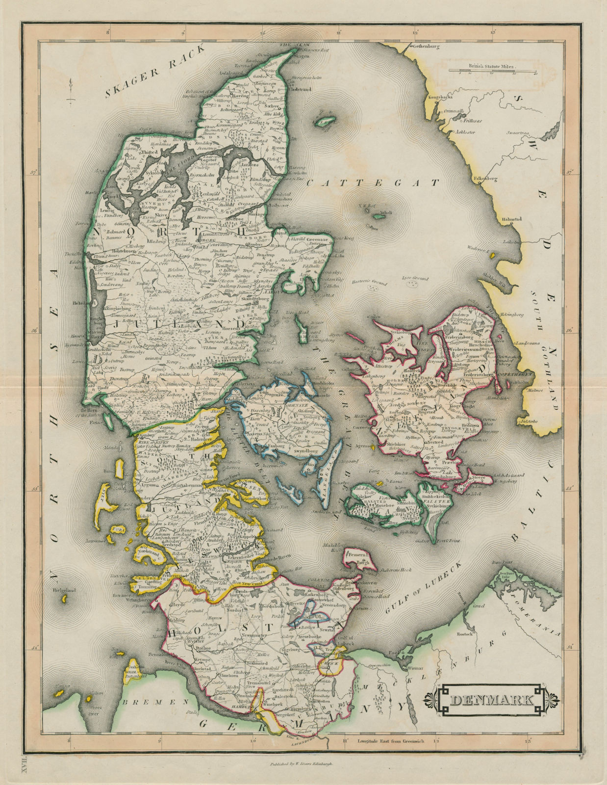 Denmark including Schleswig-Holstein. LIZARS 1842 old antique map plan chart
