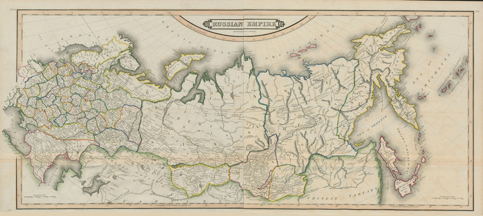Russian Empire on 2 sheets conjoined. Siberia. LIZARS 1842 old antique map