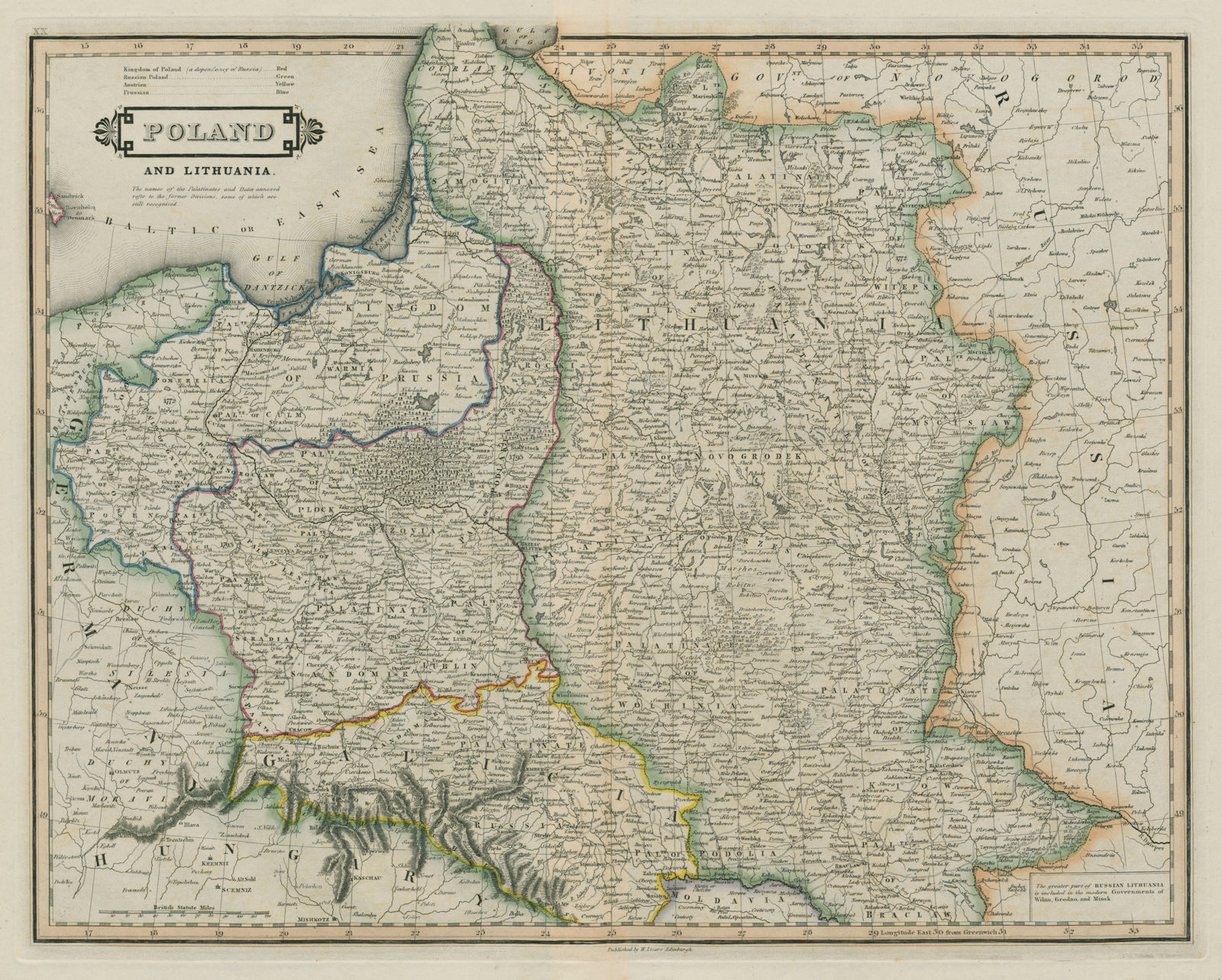 Poland and Lithuania. Divided into Russian, Prussian & Austrian. LIZARS 1842 map
