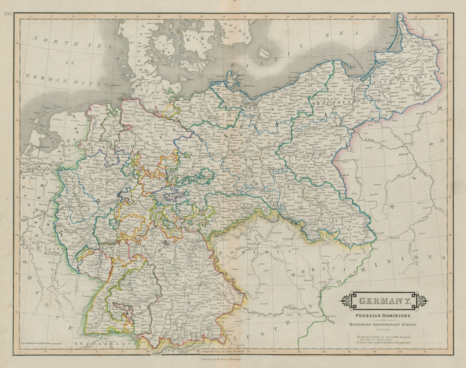 Germany, Prussian dominions, and northern independent states. LIZARS 1842 map