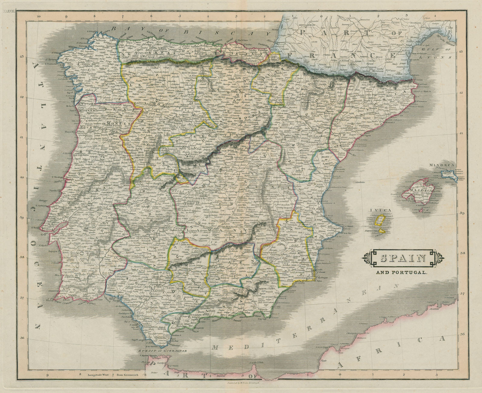 Spain and Portugal. Iberia. LIZARS 1842 old antique vintage map plan chart