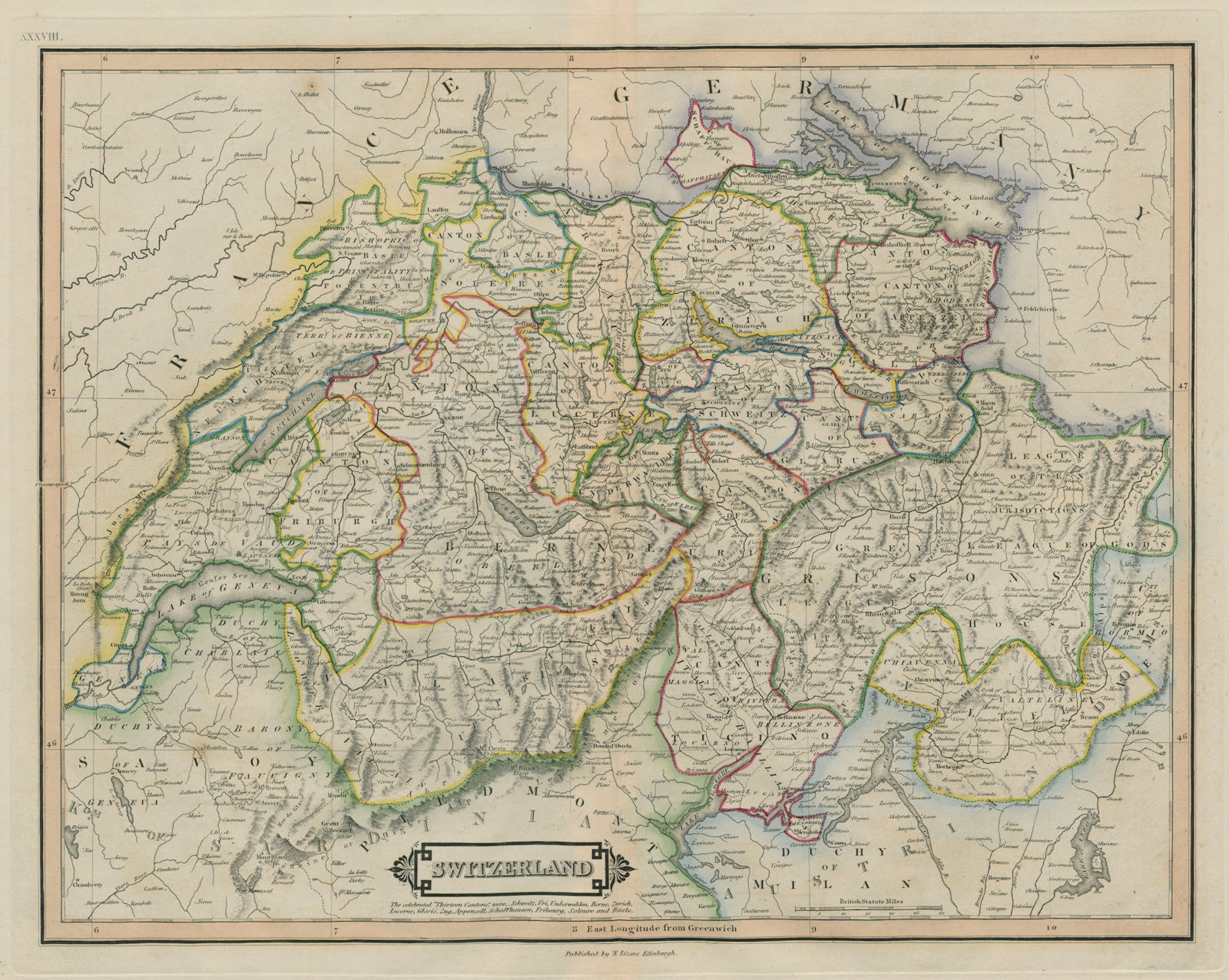 Associate Product Switzerland showing Valtellina as a Swiss canton. Suisse Schweiz LIZARS 1842 map