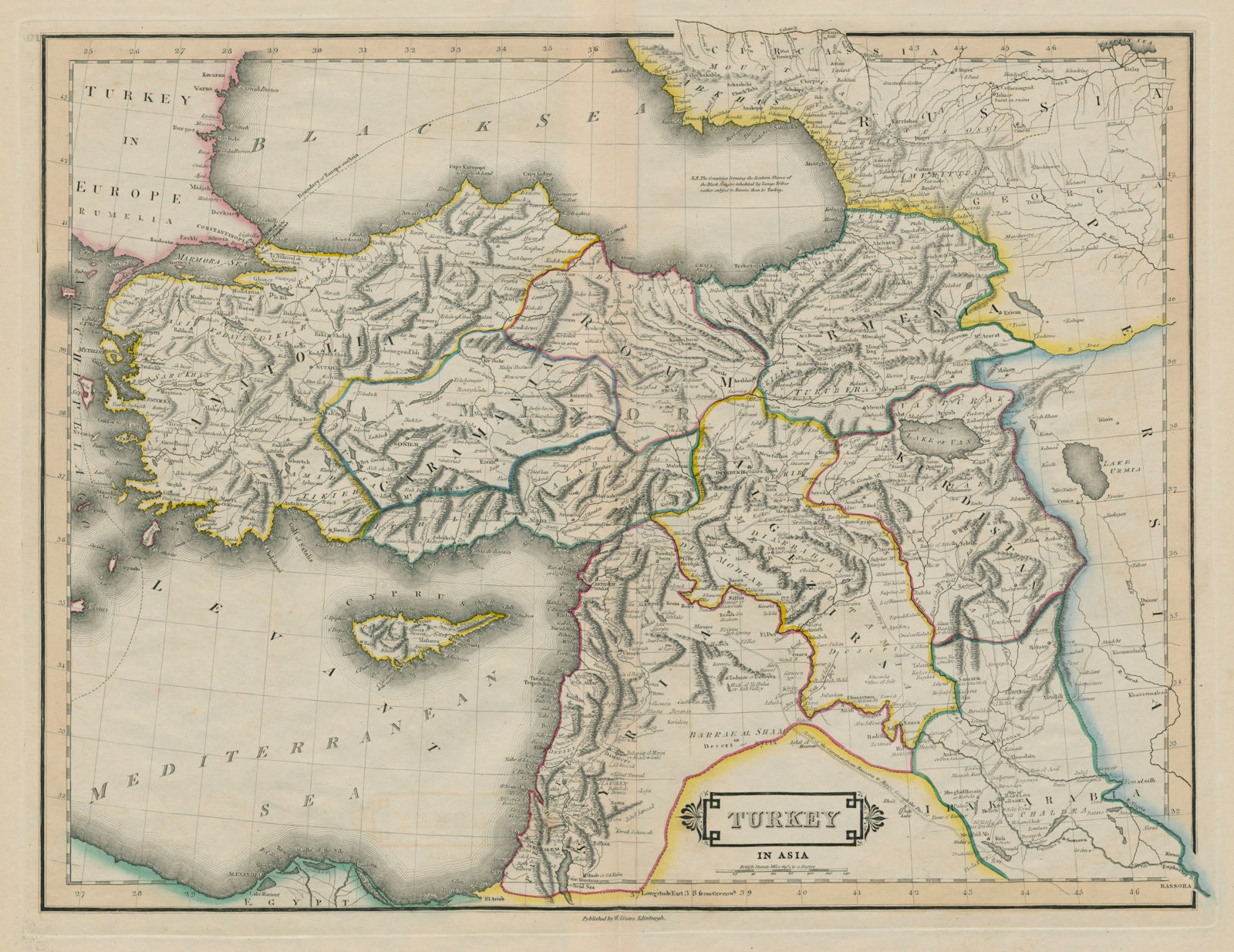 Turkey in Asia. Levant Cyprus Armenia Algezira. Kurdistan marked LIZARS 1842 map