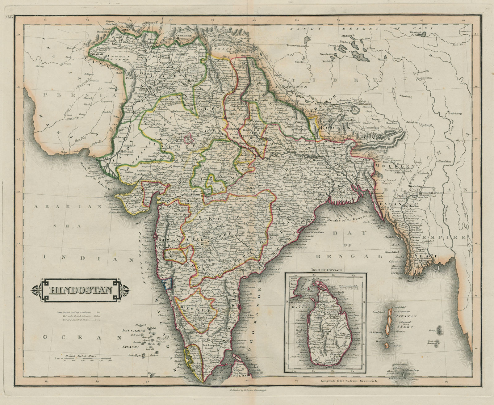 Hindostan. British India & Ceylon. Sri Lanka. LIZARS 1842 old antique map