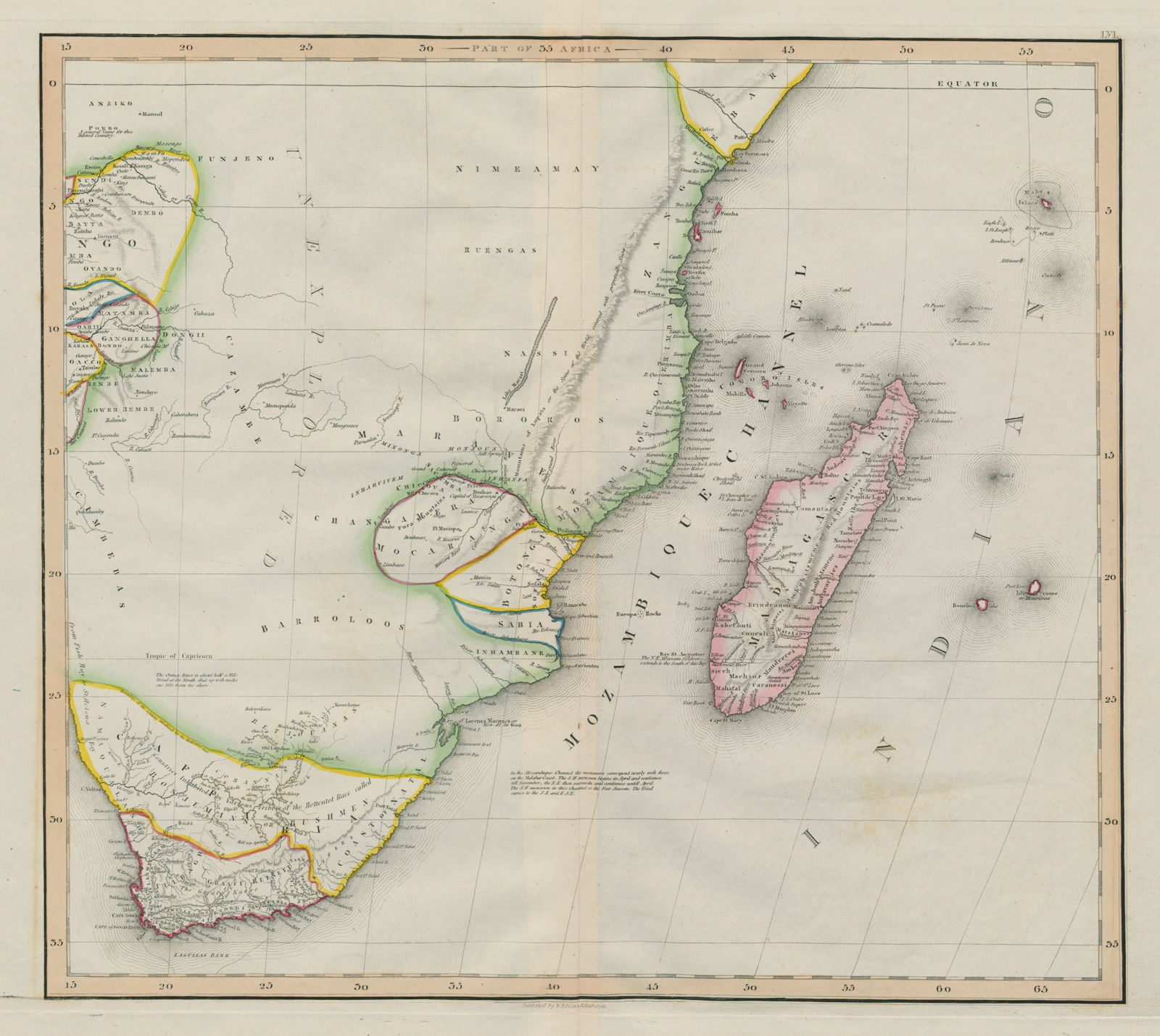 South-east Africa, mostly "unexplored". Madagascar Tanzania. LIZARS 1842 map