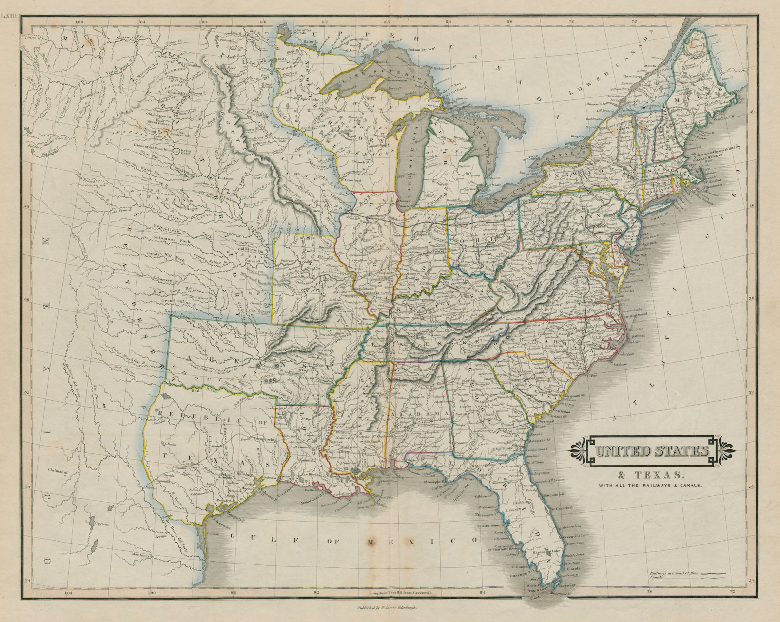 United States & the Republic of Texas, with railways & canals. LIZARS 1842 map