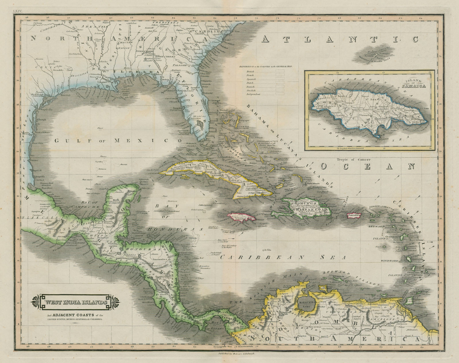 West India Islands. Caribbean. La Salle settlement in Texas. LIZARS 1842 map