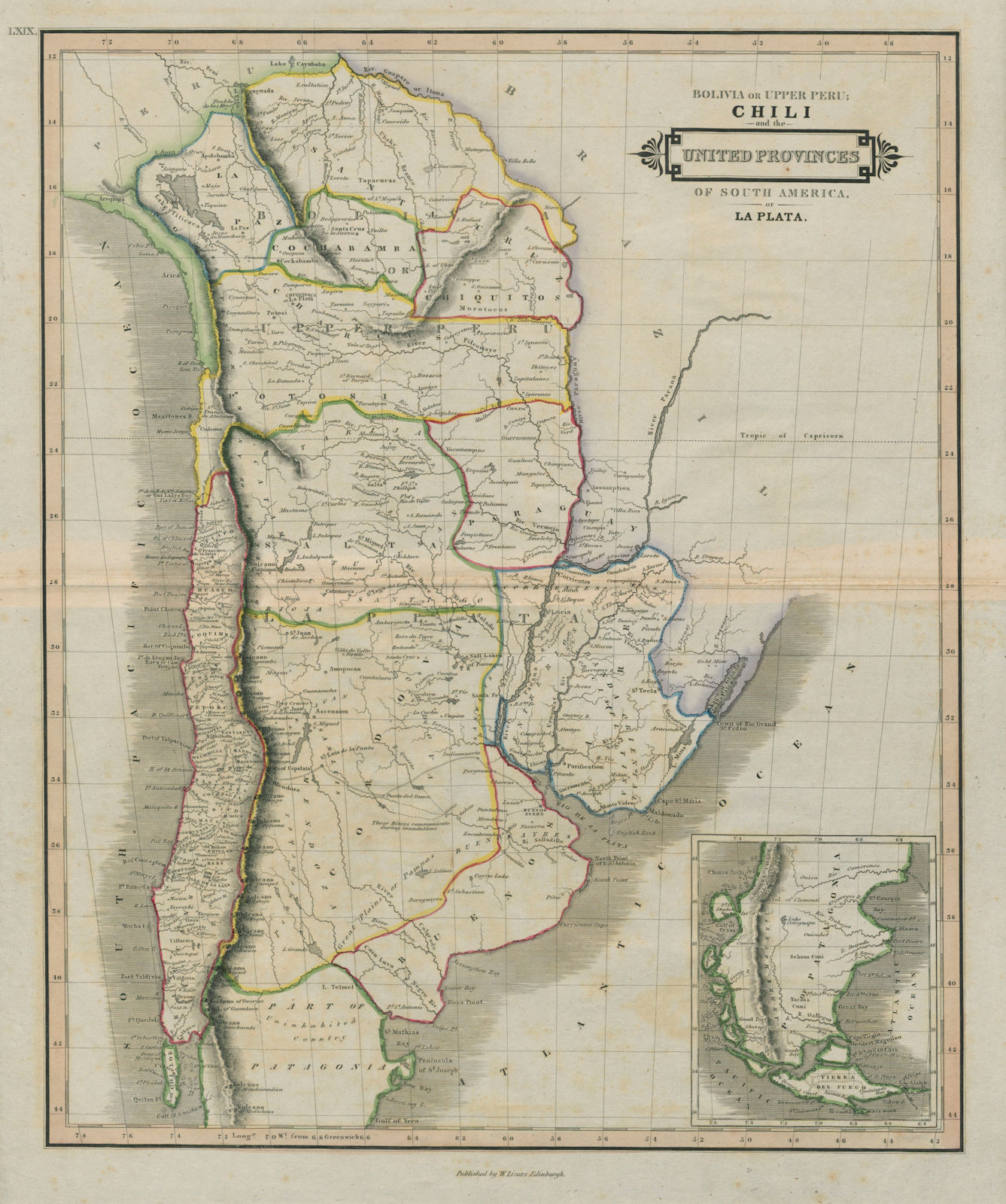 Bolivia or Upper Peru. Chili. United Provinces of La Plata. LIZARS 1842 map