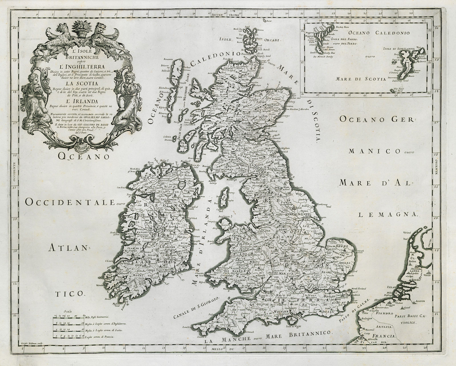 L'Isole Britanniche… British Isles. England Scotland Ireland. DE ROSSI 1677 map