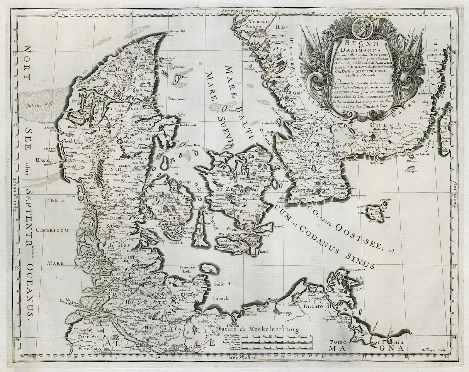 Regno di Danimarca. The Kingdom of Denmark. DE ROSSI 1677 old antique map