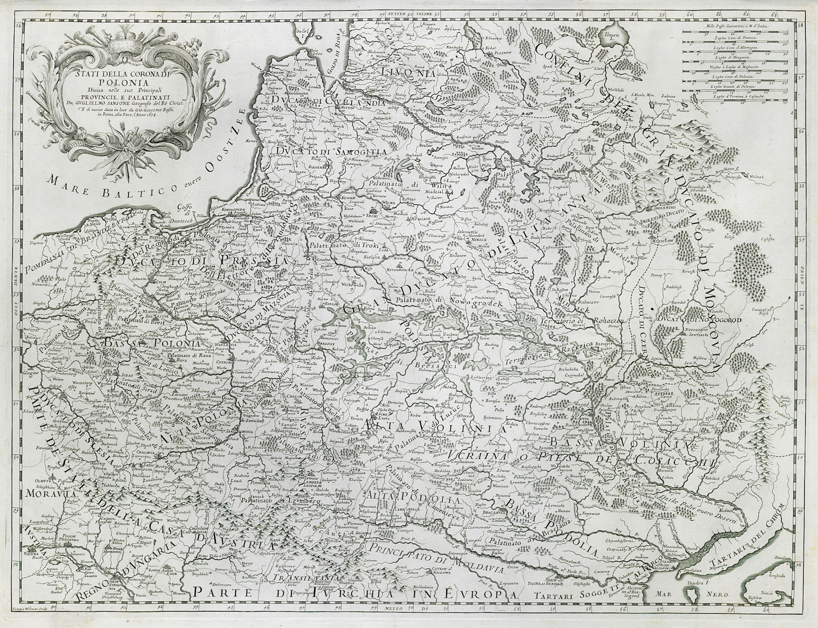 Stati della Corona di Polonia. Poland Belarus Ukraine Lithuania. ROSSI 1678 map