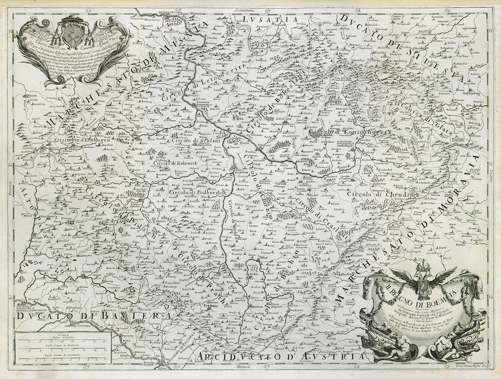Il Regno di Boemia. The Kingdom of Bohemia. Czechia. DE ROSSI 1691 old map