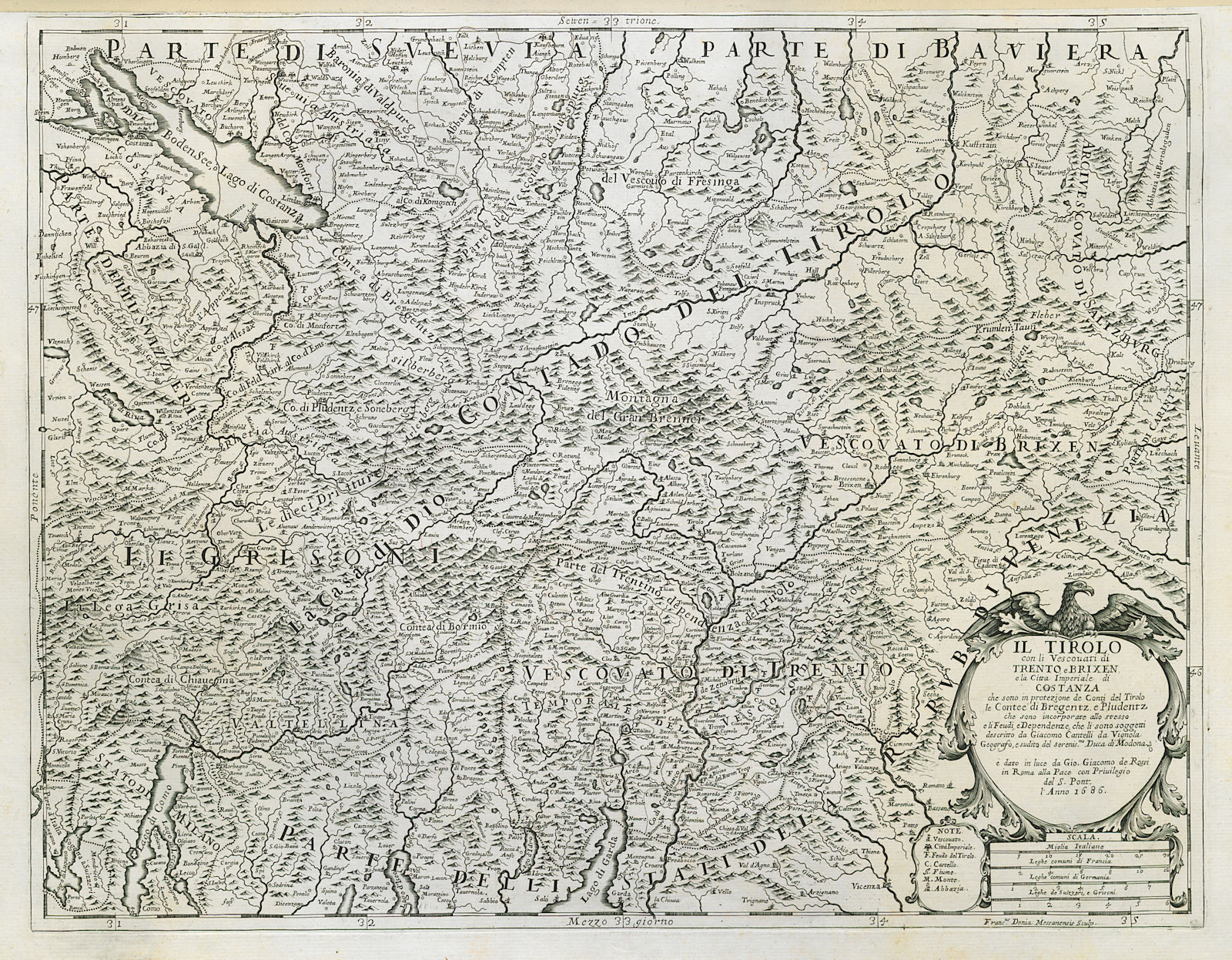 Associate Product Il Tirolo con li Vescovati di Trento… Tyrol Austrian/Italian Alps ROSSI 1686 map