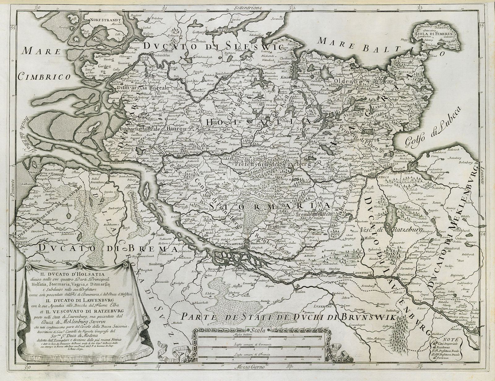 Il Ducato d'Holsatia diviso… The Duchy of Holstein. DE ROSSI / CANTELLI 1692 map