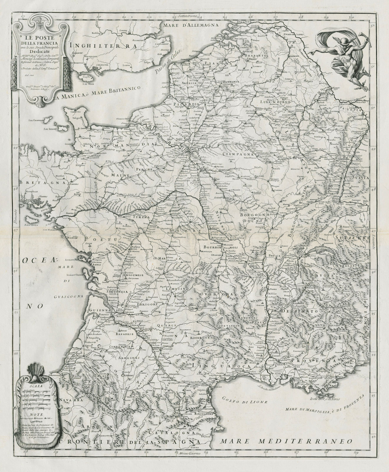 Associate Product Le Poste della Francia. The post roads of France. DE ROSSI / SANSON 1697 map
