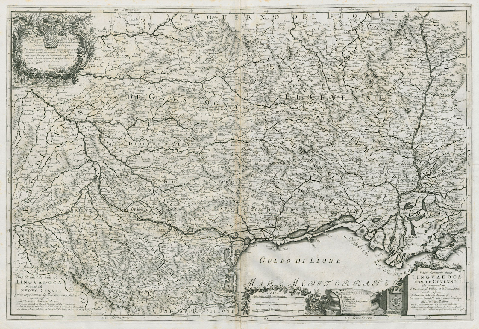 Linguadoca. Languedoc. Les Cévennes. SW France. DE ROSSI / CANTELLI 1693 map