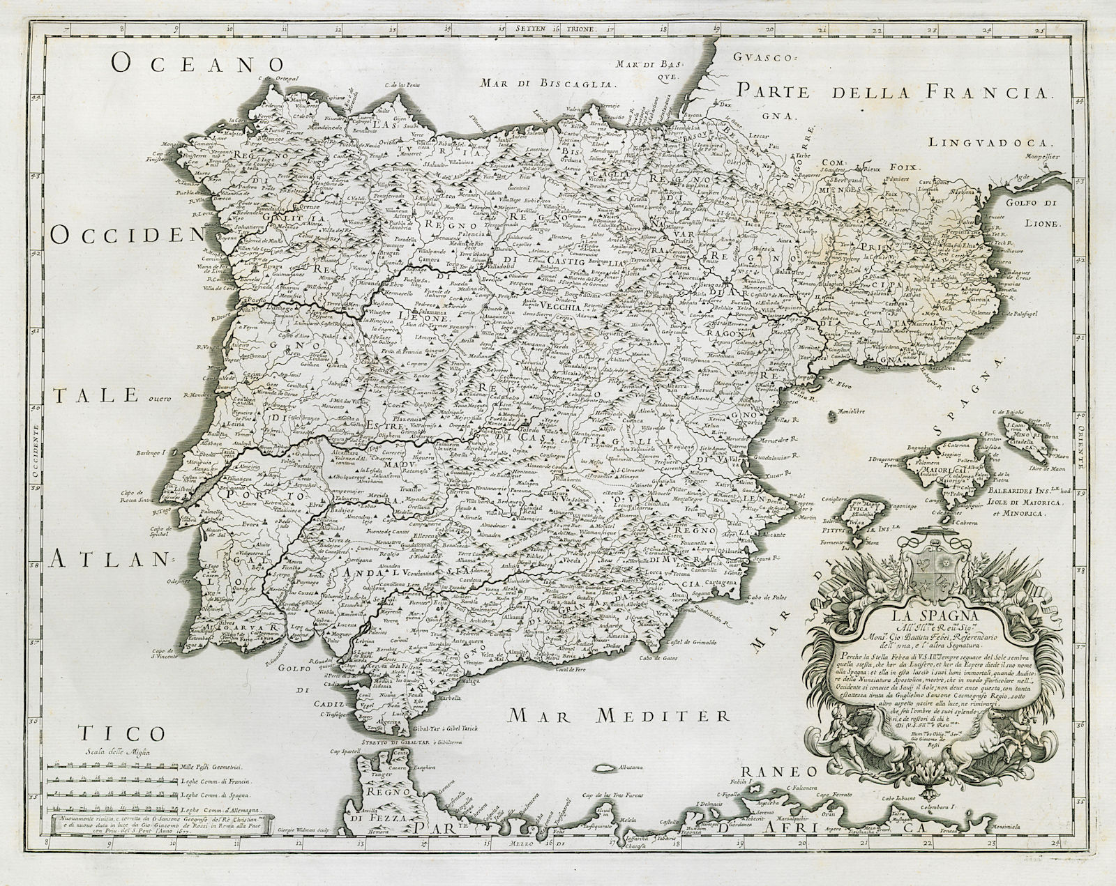 La Spagna. Iberia. Spain & Portugal. DE ROSSI / SANSON 1677 old antique map