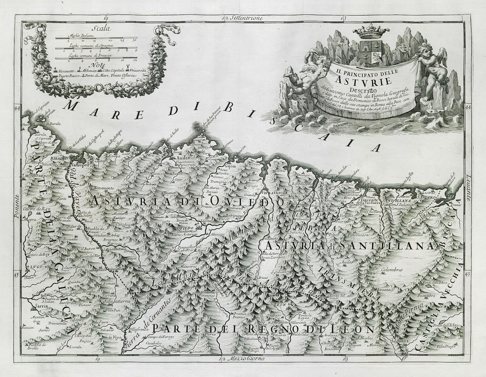 Il Principato delle Asturie. Principality of Asturias. ROSSI / CANTELLI 1696 map