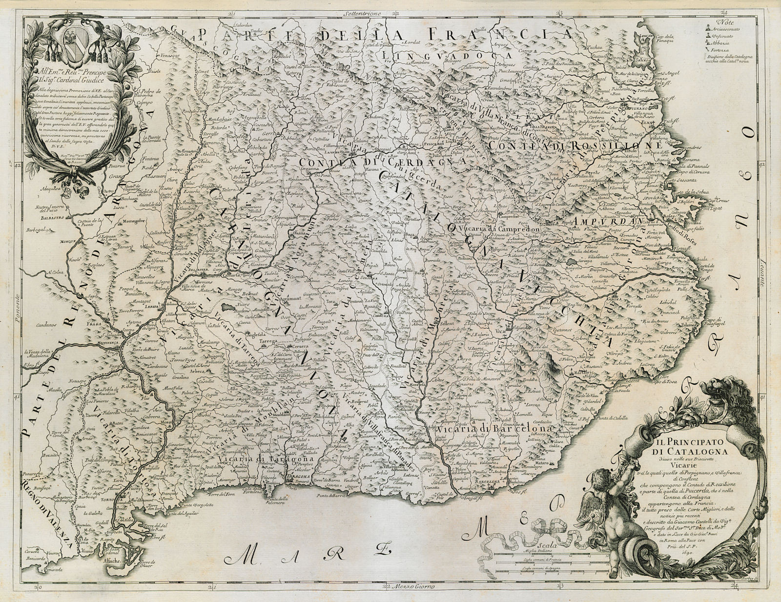 Principato di Catalogna. Catalonia Catalunya Roussillon. ROSSI/CANTELLI 1690 map