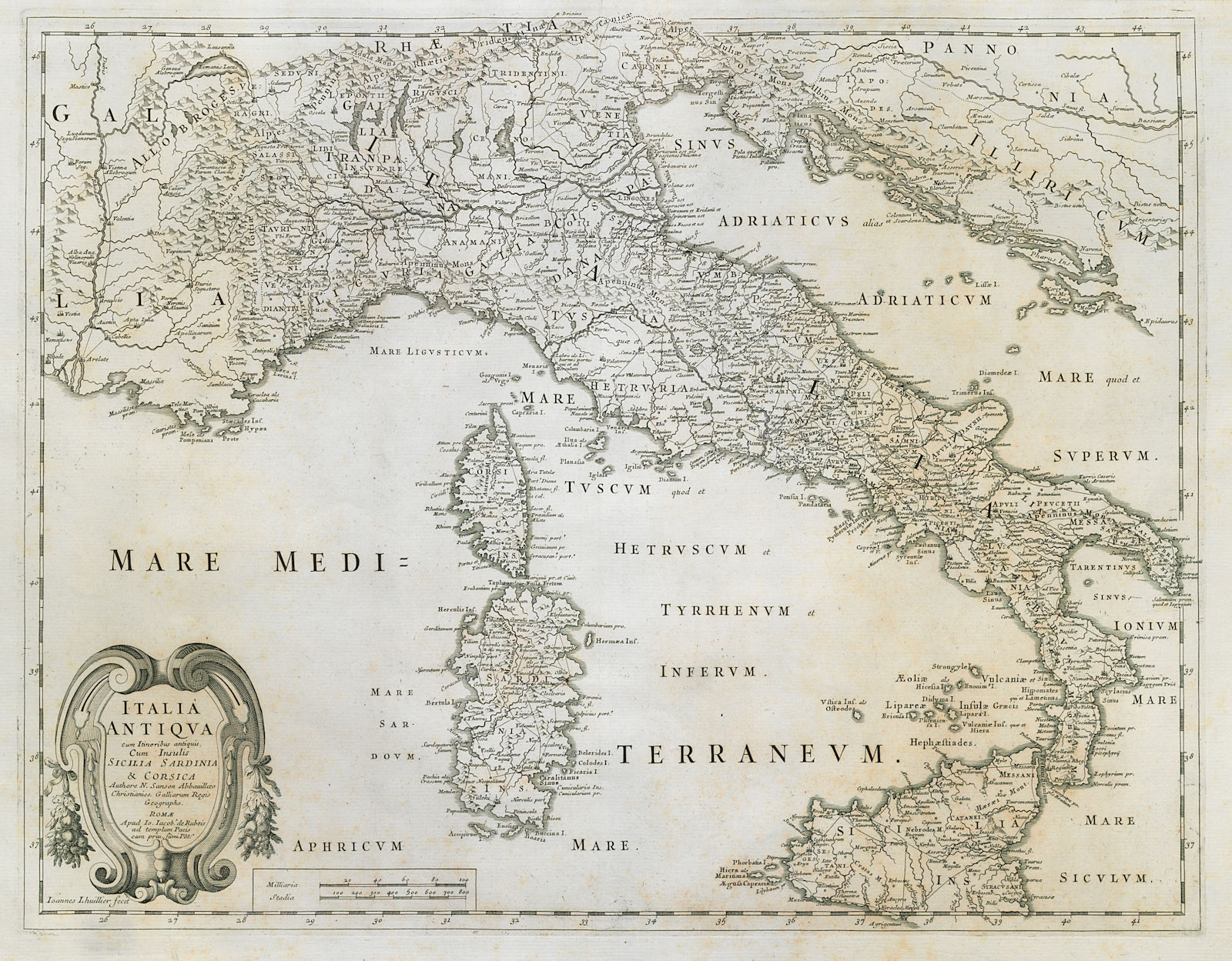 Associate Product Italia Antiqua… cum insulis Sicilia, Sardinia & Corsica. ROSSI /SANSON c1697 map