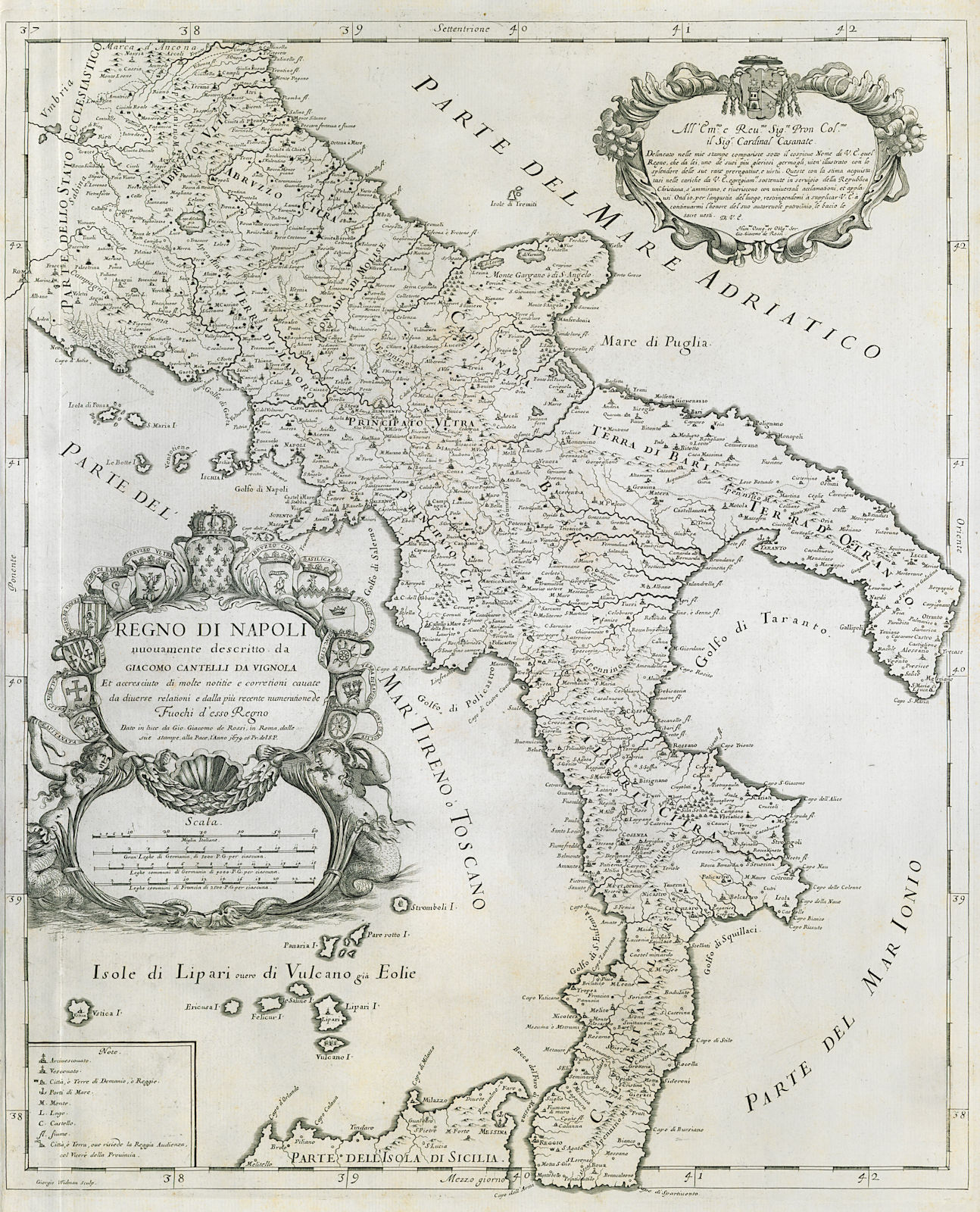 Regno di Napoli. Kingdom of Naples. Southern Italy. DE ROSSI / CANTELLI 1679 map
