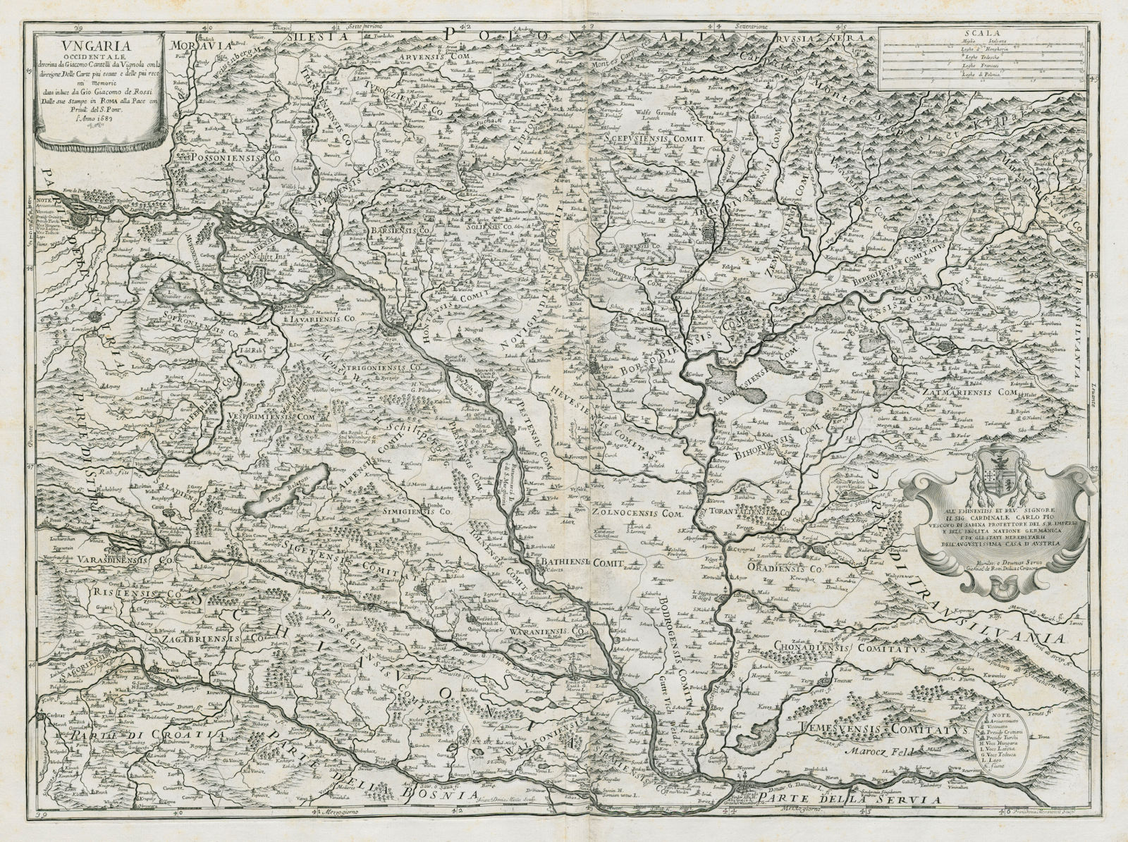 Ungaria Occidentale. Hungary & Slovakia. DE ROSSI / CANTELLI DA VIGNOLA 1683 map